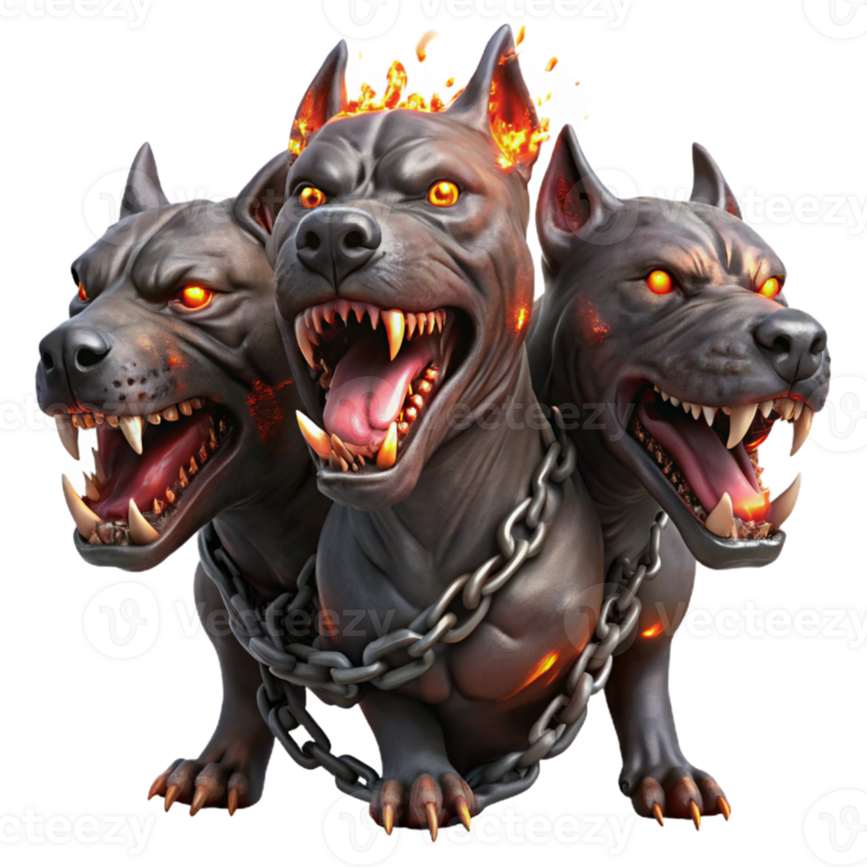 elegant creative A three-headed Cerberus, each head snarling, with fiery eyes and dripping saliva, chains made of glowing embers, in a dark, gritty realism style premium png