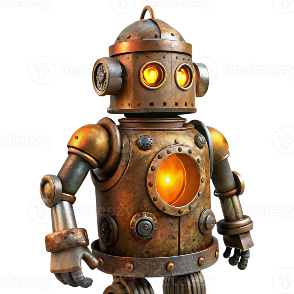 dramatic artistic A rusty, steampunk robot with intricate gears and glowing amber eyes, lit by flickering candlelight in a vintage photograph style exclusive png