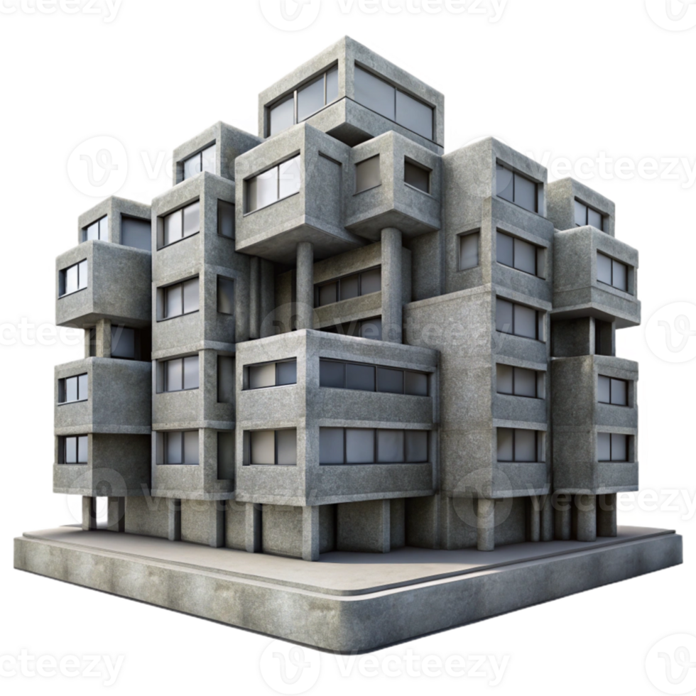 elegant contemporary Brutalism concrete residential complex, repetitive modular units, overcast sky, gritty texture, photorealistic render authentic png
