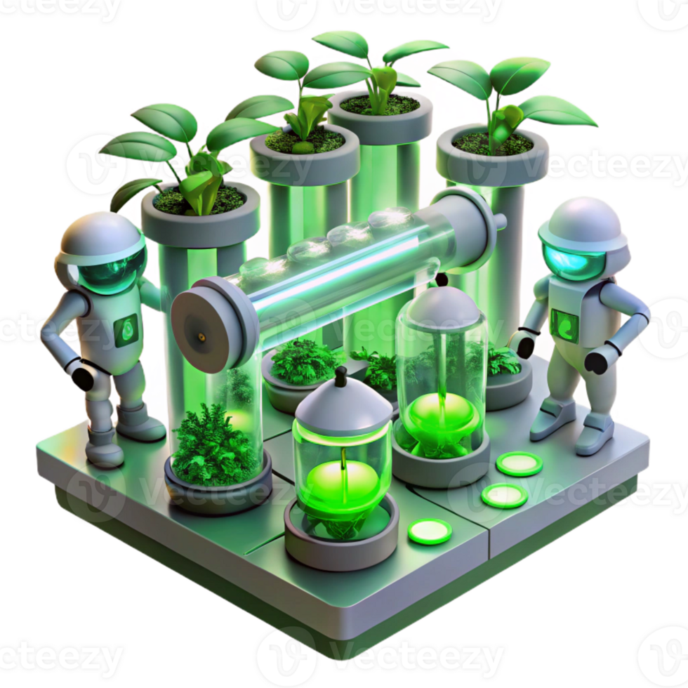 vibrant traditional A group of robots tending to a futuristic hydroponic farm, glowing plants growing in vertical rows, bathed in the green light of the grow lamps. Biopunk style original png