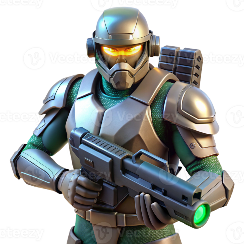 elegant creative A futuristic soldier in power armor, holding a plasma rifle, heroic pose, cinematic lighting, concept art style premium png