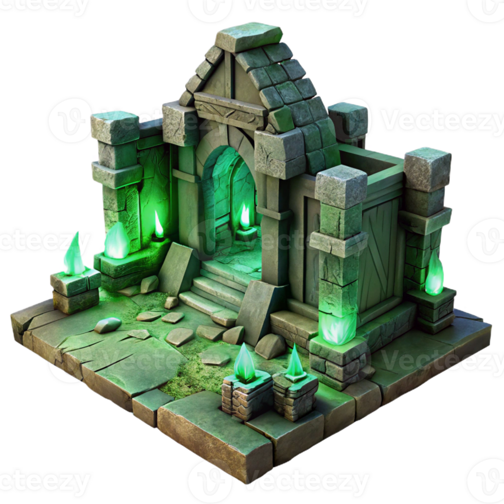 vibrant traditional An ancient, crumbling ruin with glowing, mystical runes carved into its walls, illuminated by an eerie, green light. Dark fantasy landscape art style high quality png
