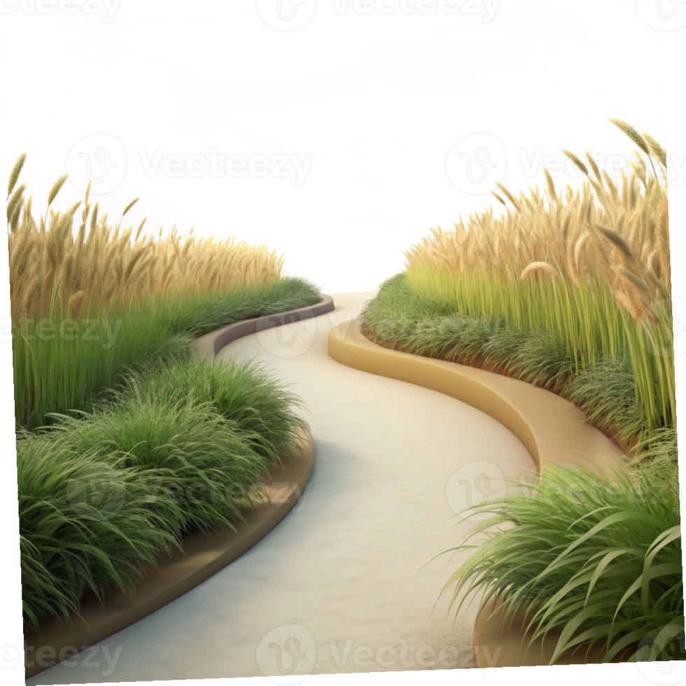 dramatic creative A winding dirt path through a field of tall grass, soft morning light, peaceful and serene style detailed png