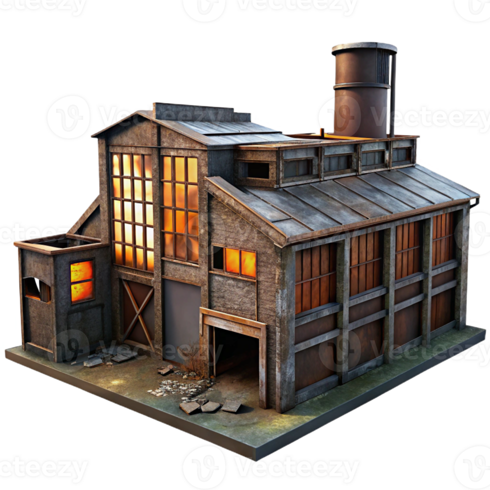 elegant minimalist An abandoned industrial complex, rusted metal, broken windows, eerie lighting 4K png