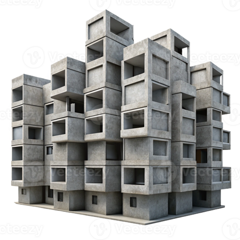 impressive abstract Brutalism style concrete apartment complex, repetitive modular units, overcast sky, gritty realism, high contrast, genuine png