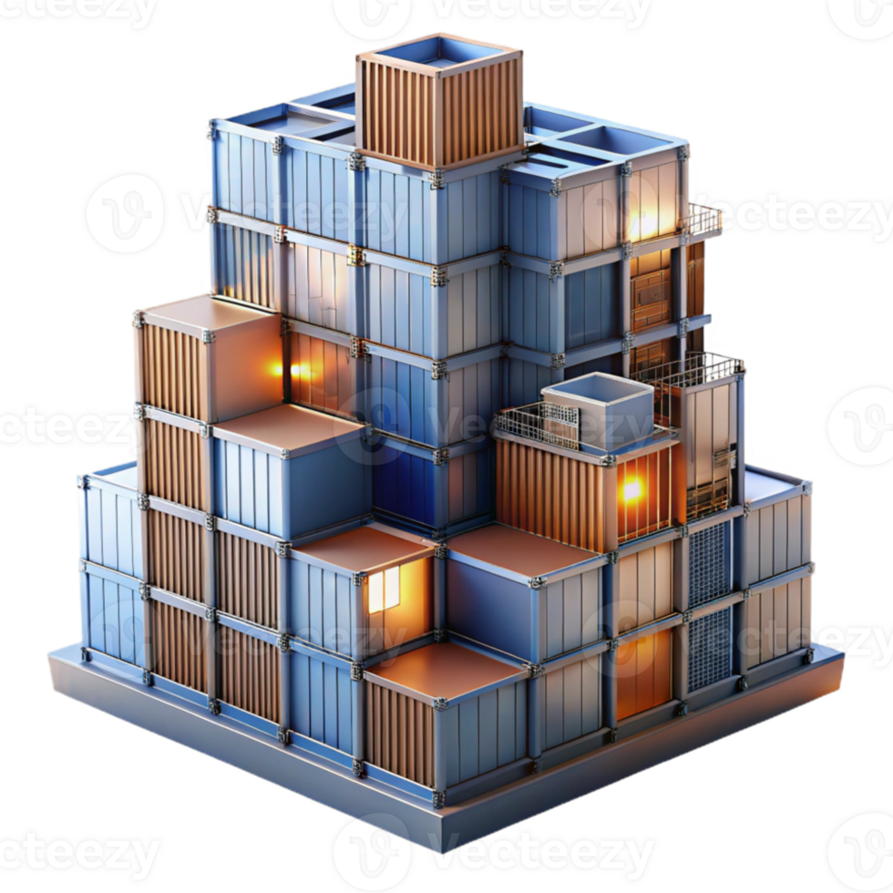 beautiful traditional Conceptual skyscraper made of interconnected shipping containers, industrial aesthetic, urban setting, overcast daylight high resolution png