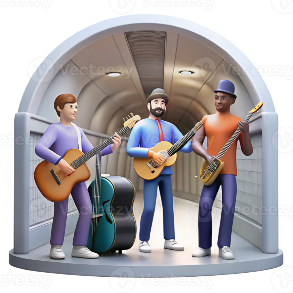 serene rustic A group of musicians playing in a subway station. Urban music style, low-key lighting premium png