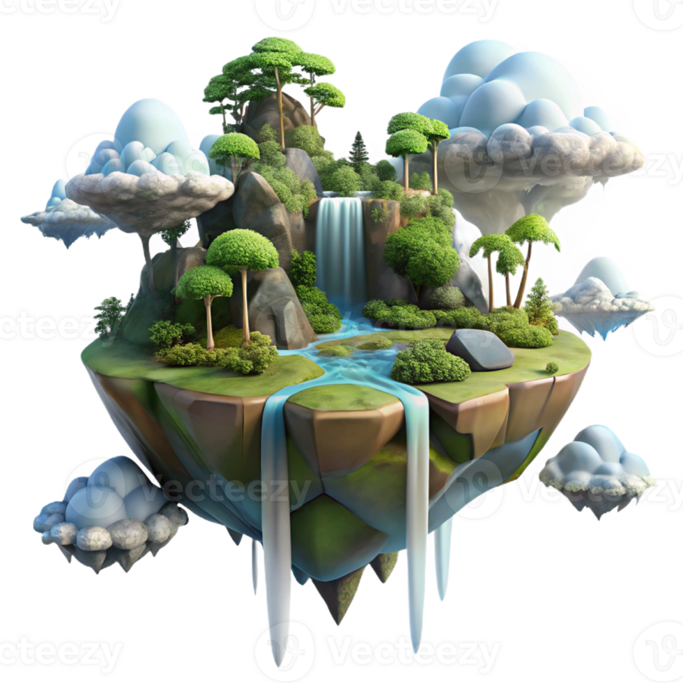 impressive creative A floating island in the sky, lush vegetation, waterfalls cascading down the sides, surreal and fantastical, digital painting style authentic png