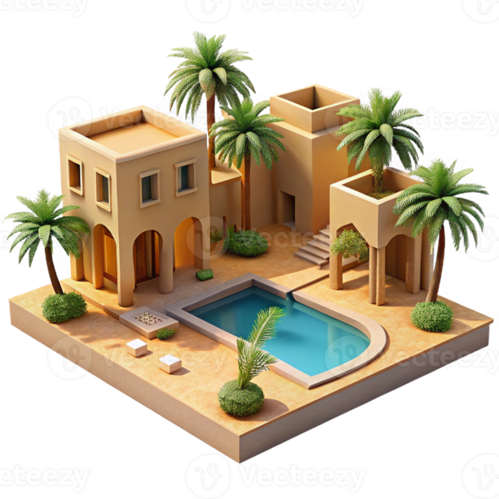 extraordinary modern Desert oasis resort, low-slung adobe buildings, shimmering pool reflecting palm trees, intense desert sunlight, travel photography style high resolution png