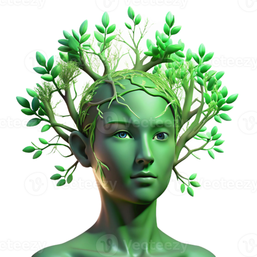 stunning abstract Portrait of a person morphing into a tree, with branches and leaves growing from their skin, lit by ethereal, green light, in a surreal style high quality png