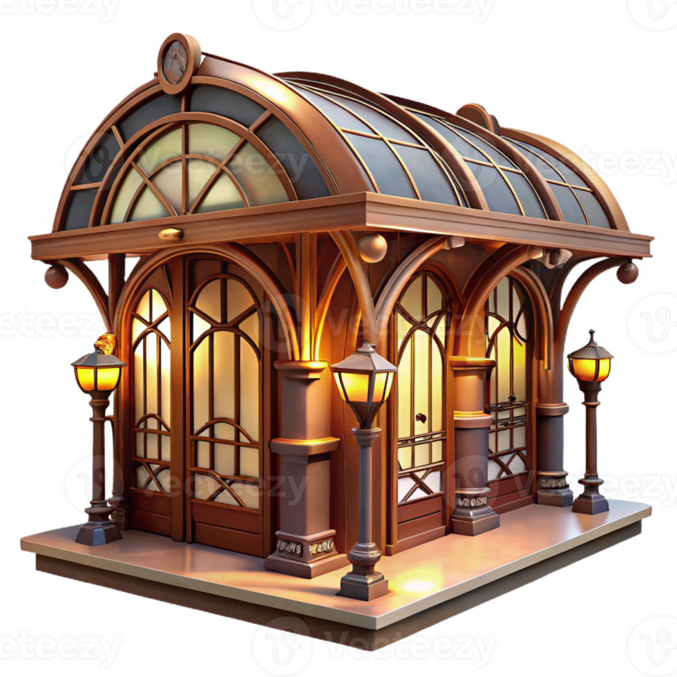 dramatic contemporary Art Nouveau inspired subway station, intricate ironwork, stained glass, warm lighting, elegant curves detailed png