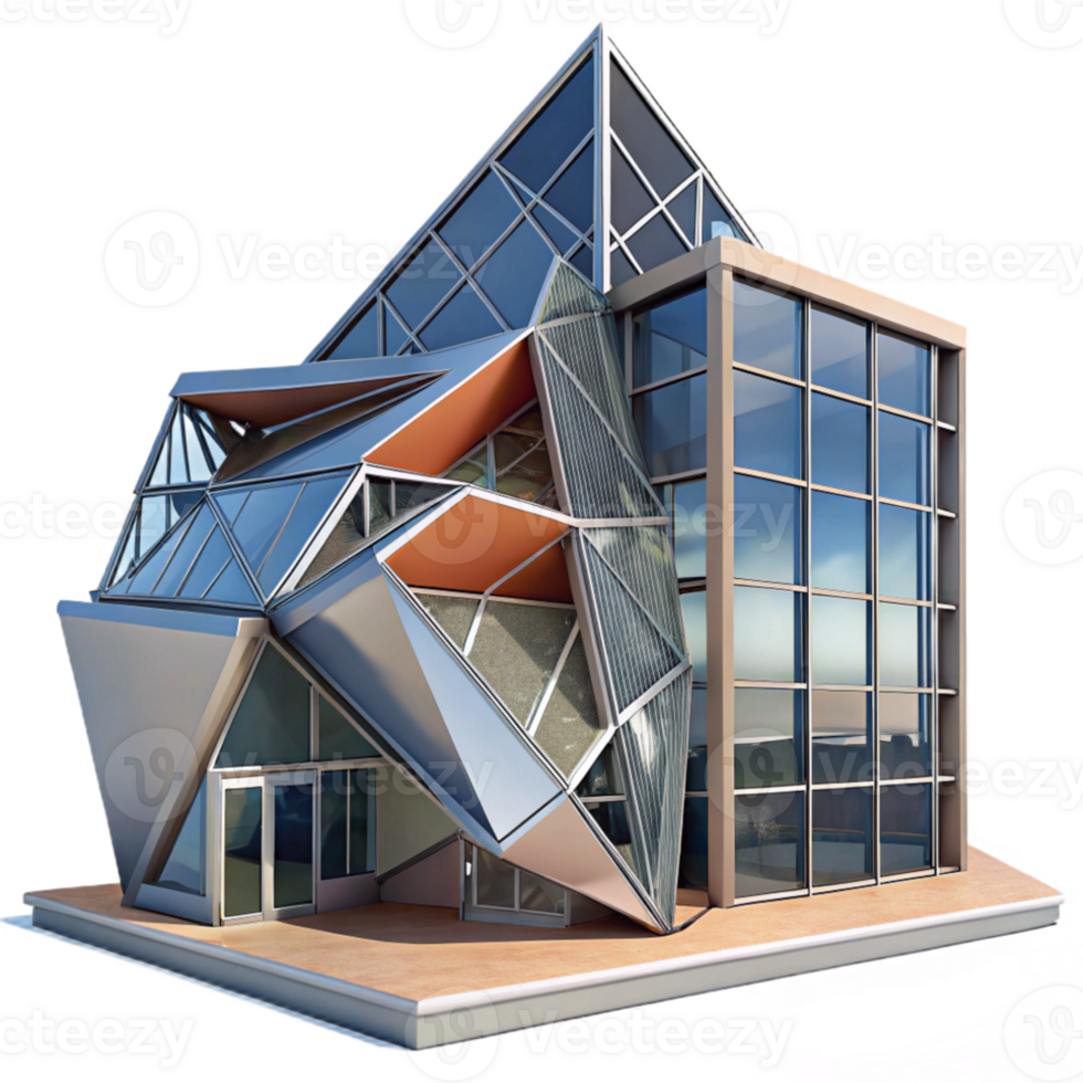 wonderful minimalist Deconstructivist office building, fragmented forms, sharp angles, steel and glass construction, harsh midday sun, photorealistic render authentic png