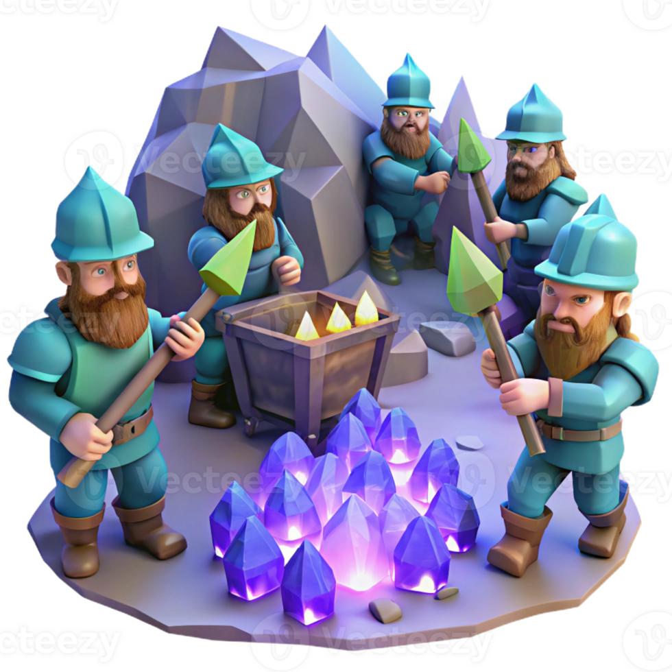 impressive vintage A group of dwarves mining for gems in a deep, cavernous mine, illuminated by glowing crystals. Cool, crystalline lighting. Realism style genuine png