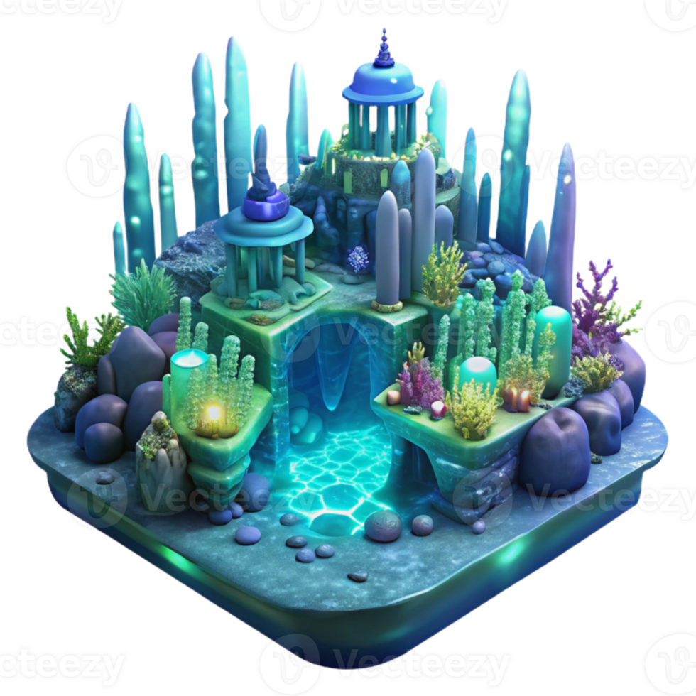 stunning abstract Submerged underwater city, bioluminescent coral structures, deep ocean lighting, ethereal atmosphere, fantasy art, authentic png