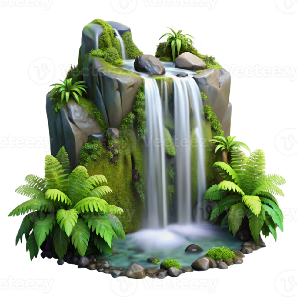 serene vintage A cascading waterfall surrounded by lush green moss and ferns, long exposure photography, diffused sunlight, realistic style high quality png