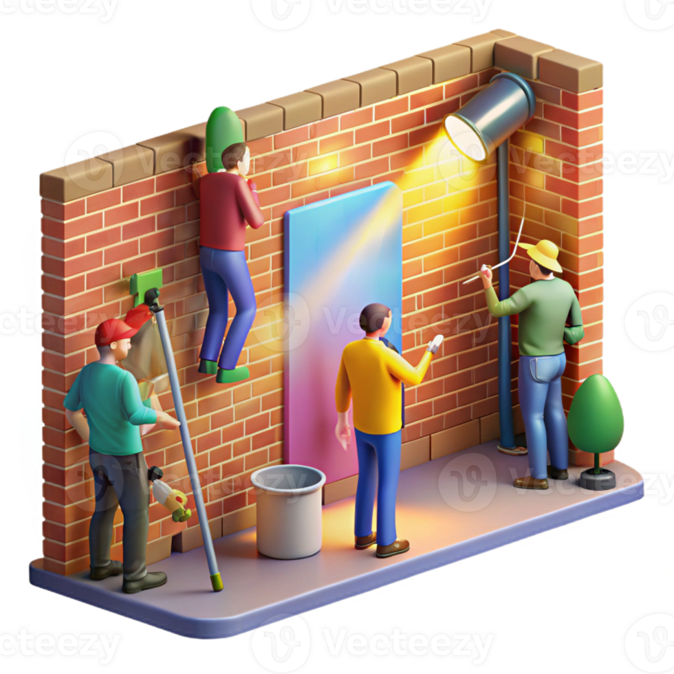 vibrant artistic A group of street artists painting a vibrant mural on the side of a brick building, illuminated by portable spotlights. Street art style, dynamic lighting exclusive png