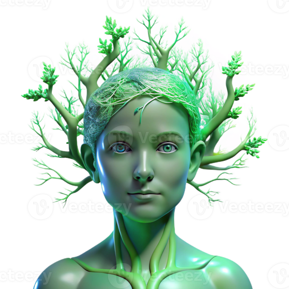 beautiful contemporary Portrait of a person morphing into a tree, with branches and leaves growing from their skin, lit by ethereal, green light, in a surreal style original png