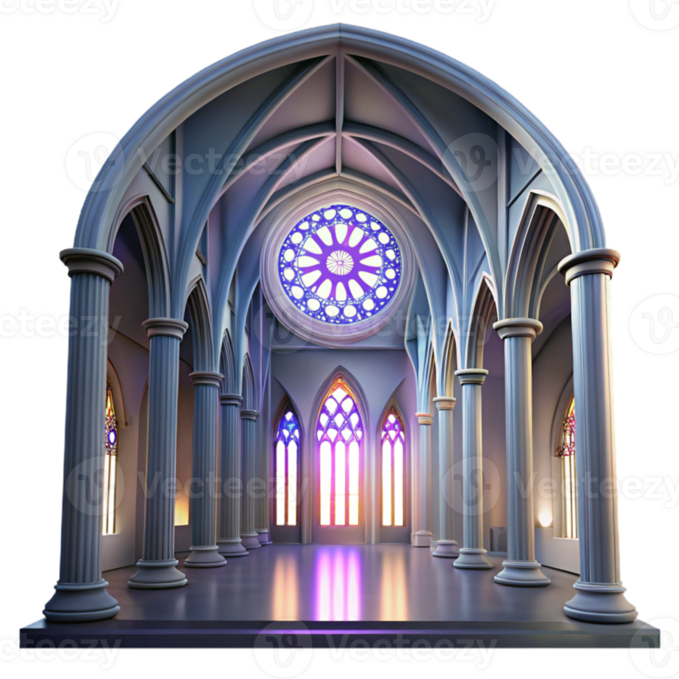 dramatic classic Gothic cathedral interior, stained glass rose window, shafts of light, ethereal mood, ray tracing, hyperrealistic 4K png