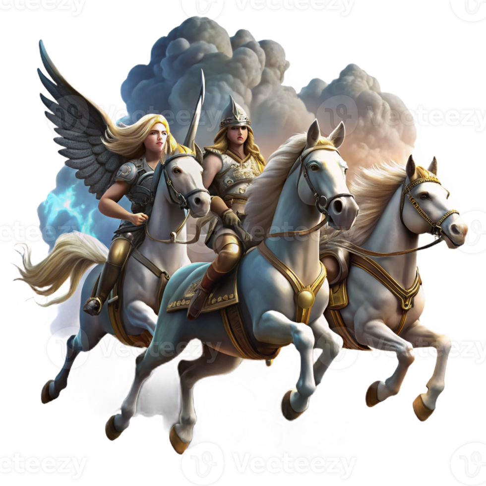 wonderful classic A group of Valkyries, riding winged horses across a stormy sky, carrying fallen warriors to Valhalla. Dramatic, stormy lighting. Norse mythology style professional png