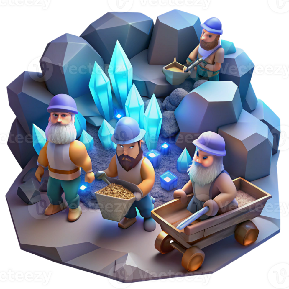 impressive modern A group of dwarves mining for gems in a deep, cavernous mine, illuminated by glowing crystals. Cool, crystalline lighting. Realism style high quality png