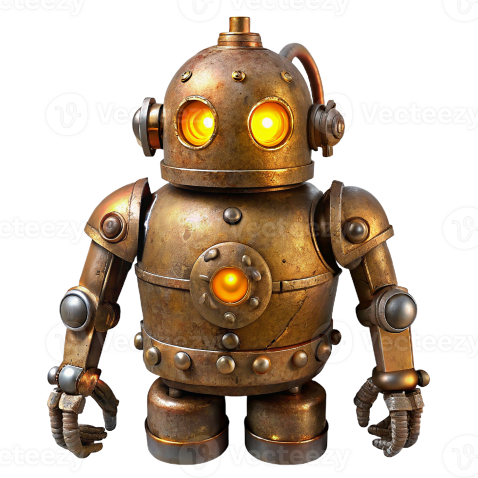 magnificent modern A rusty, steampunk robot with intricate gears and glowing amber eyes, lit by flickering candlelight in a vintage photograph style high quality png