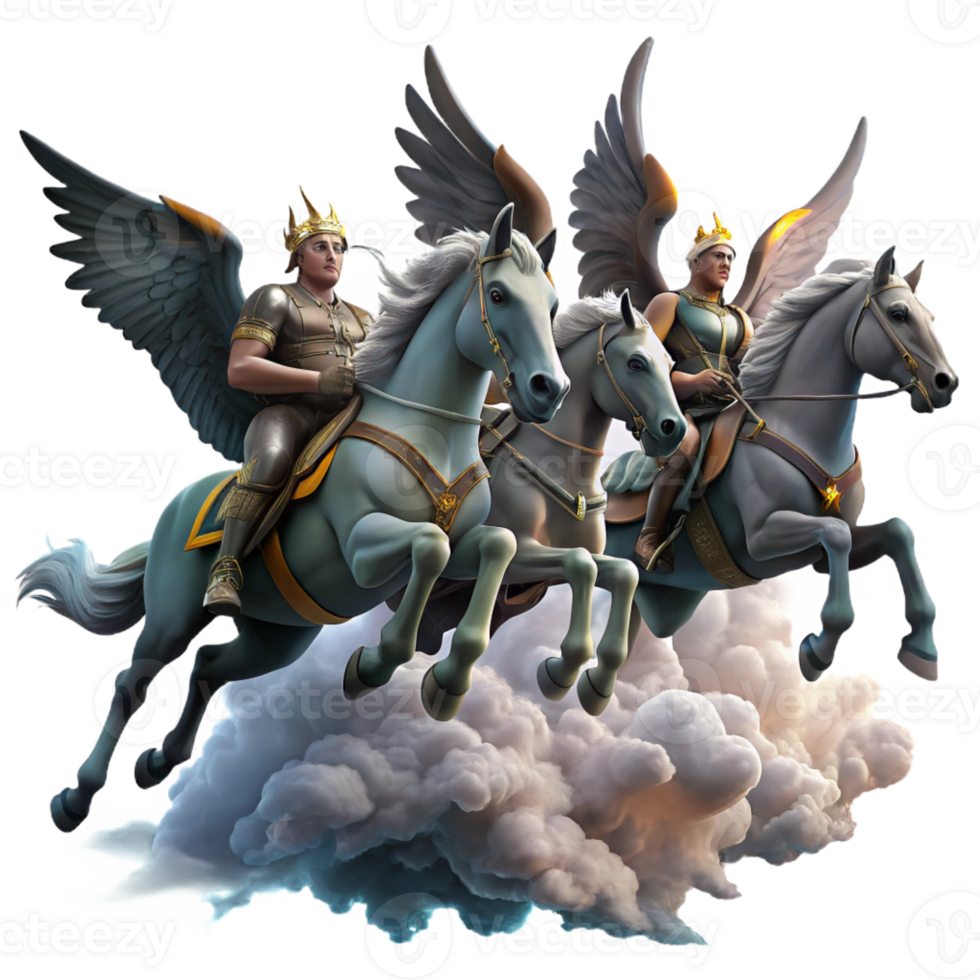 serene classic A group of Valkyries, riding winged horses across a stormy sky, carrying fallen warriors to Valhalla. Dramatic, stormy lighting. Norse mythology style professional png