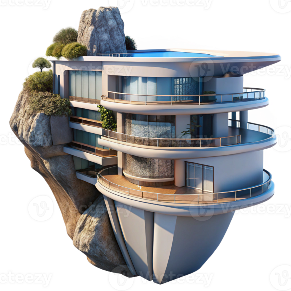 stunning rustic A futuristic apartment complex built into a cliff face, sleek design, panoramic ocean views 4K png