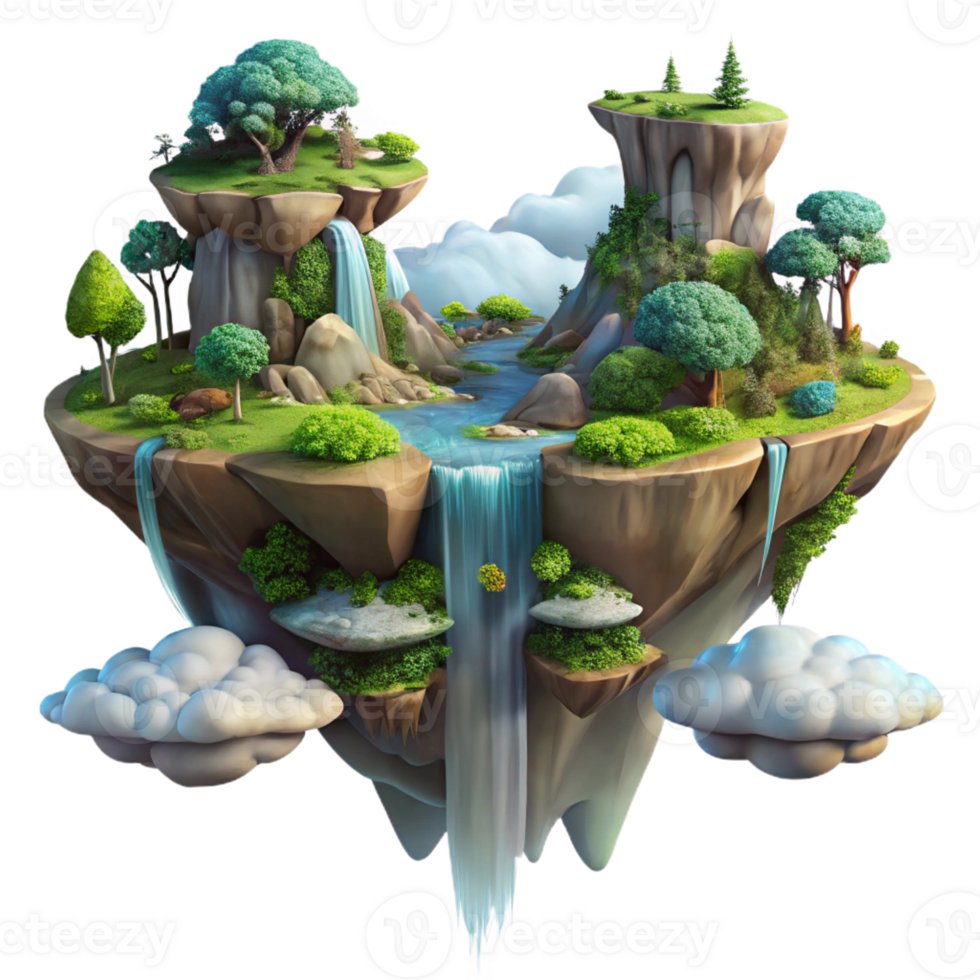 extraordinary abstract A floating island in the sky, lush vegetation, waterfalls cascading down the sides, surreal and fantastical, digital painting style professional png