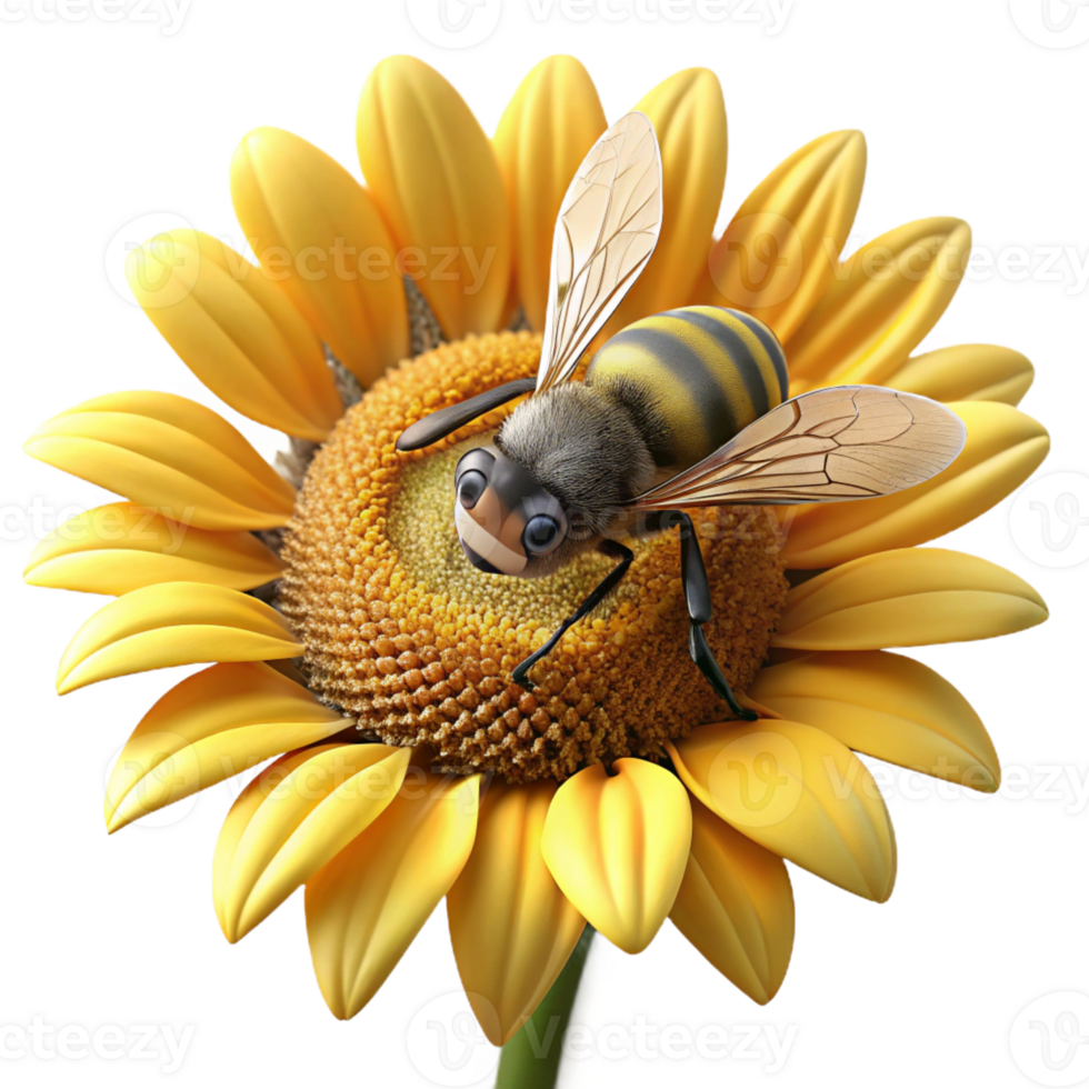 dramatic modern A close-up of a bee collecting pollen from a sunflower, macro photography, warm sunlight, detailed textures, professional png