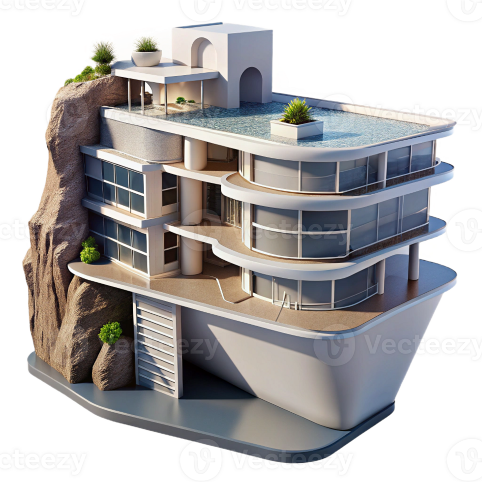 extraordinary artistic A futuristic apartment complex built into a cliff face, sleek design, panoramic ocean views premium png