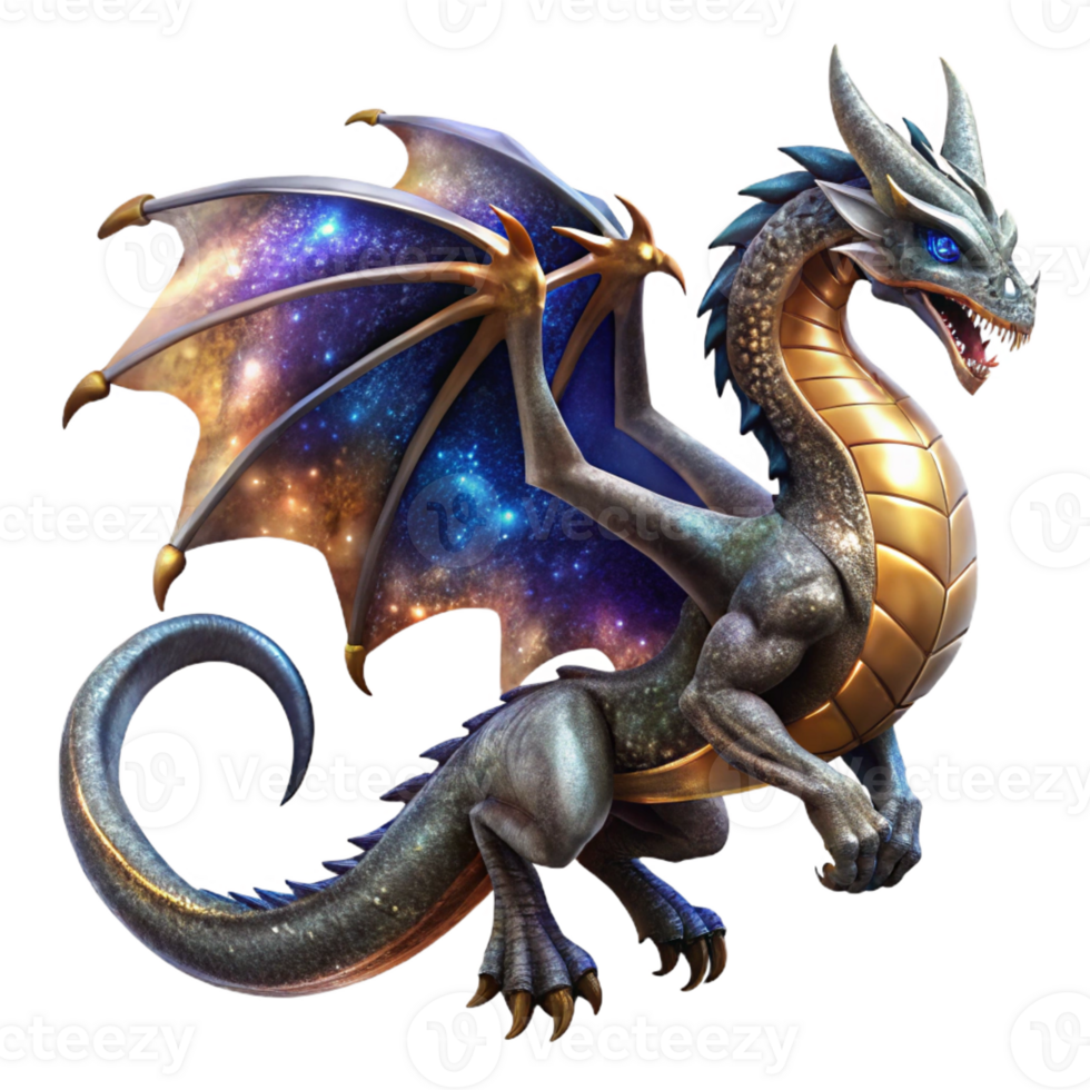 extraordinary vintage A majestic dragon with scales of obsidian and gold, soaring through a swirling nebula of stardust, illuminated by a celestial glow. High fantasy art style genuine png