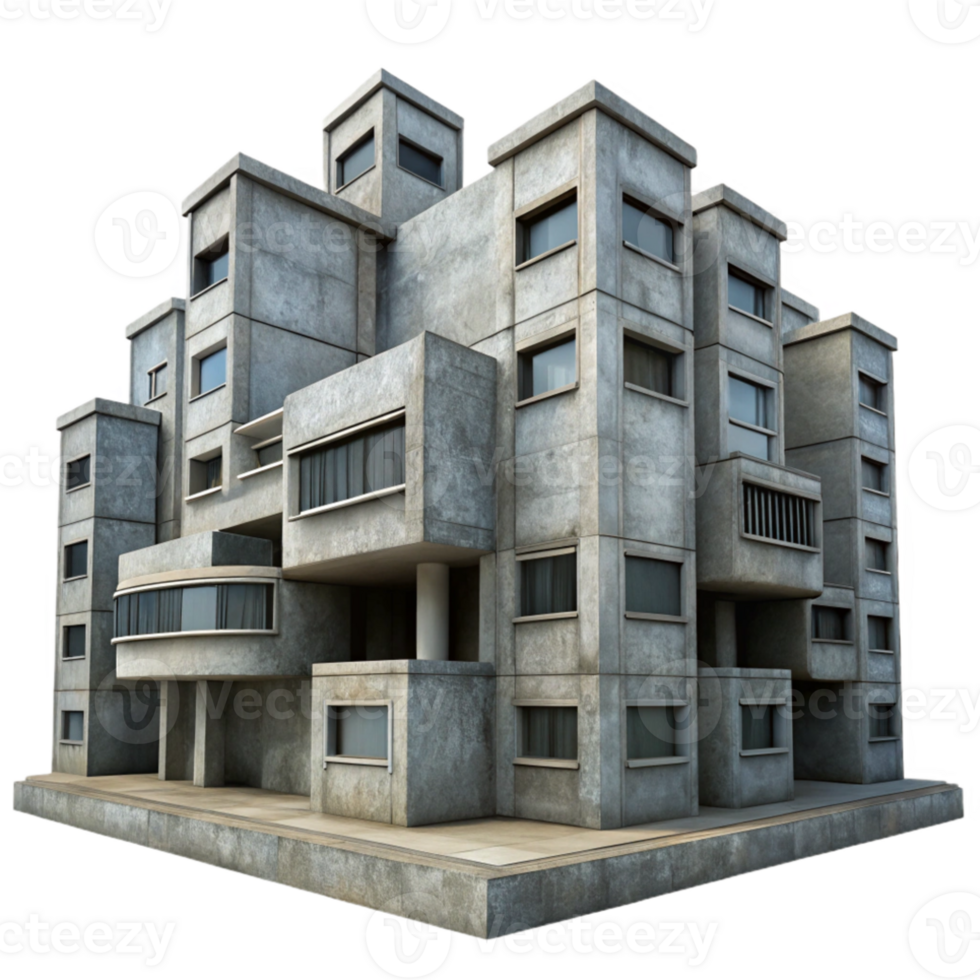 impressive artistic Brutalism concrete residential complex, repetitive modular units, overcast sky, gritty texture, photorealistic render 4K png