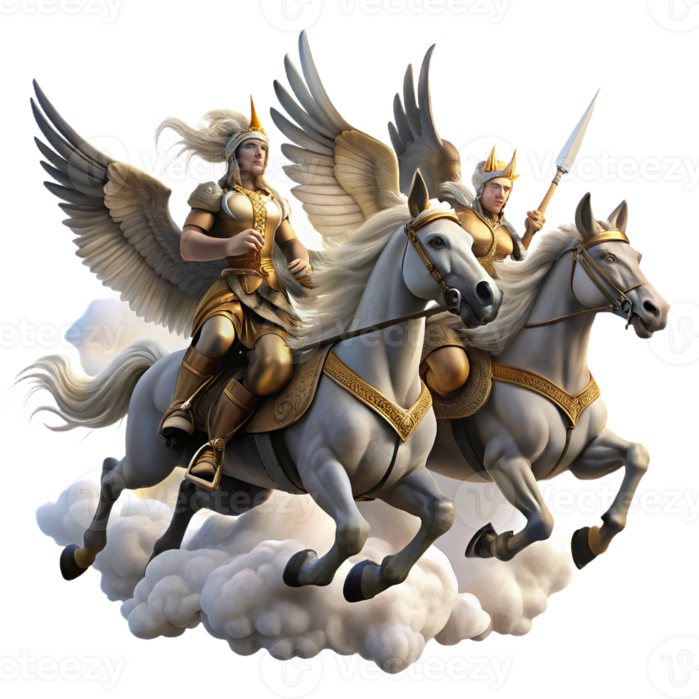 magnificent minimalist A group of Valkyries riding winged horses, carrying fallen warriors to Valhalla, dramatic sky with swirling clouds. Norse mythology style 4K png