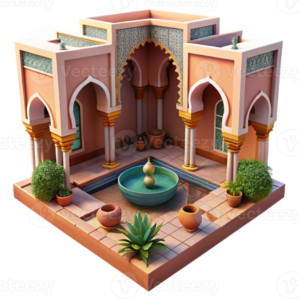 dramatic creative Moroccan riad, intricate tilework, courtyard garden, dappled sunlight, traditional architecture authentic png
