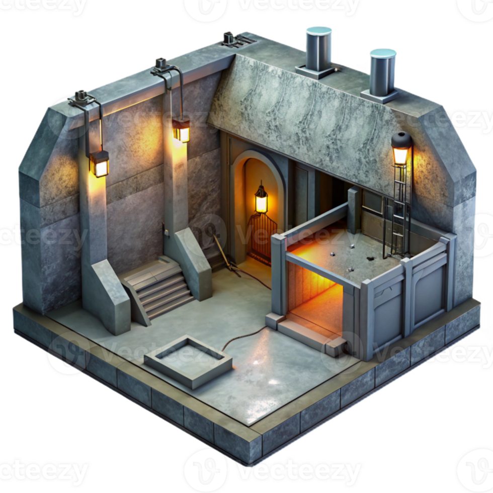 magnificent artistic Underground bunker, concrete walls, artificial lighting, claustrophobic atmosphere, dystopian style high quality png