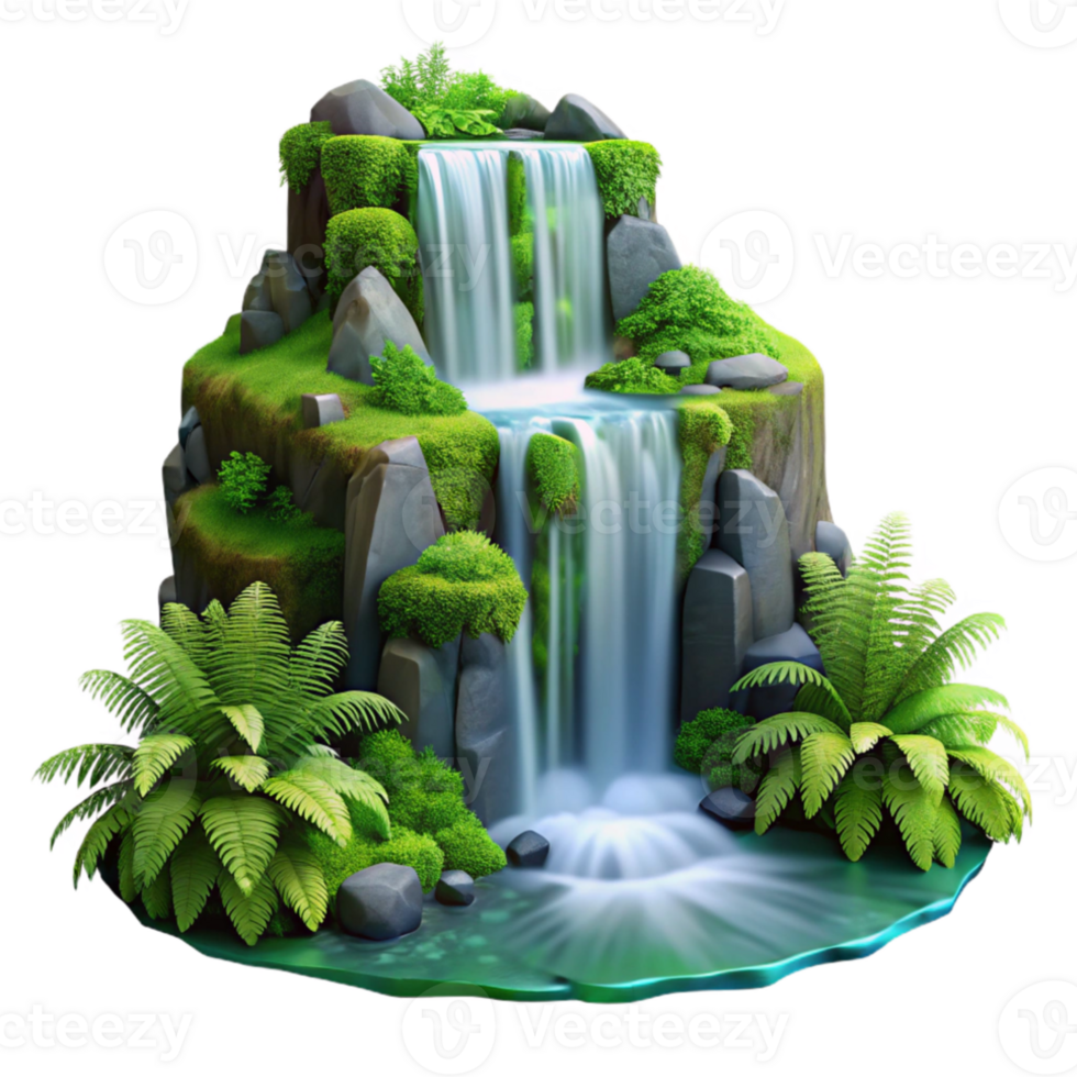 impressive modern A cascading waterfall surrounded by lush green moss and ferns, long exposure photography, diffused sunlight, realistic style 4K png