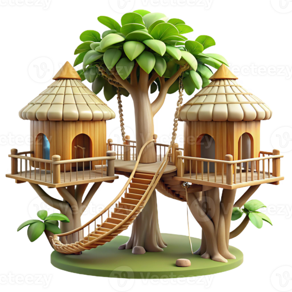 extraordinary contemporary Treehouse village connected by rope bridges, woven wood and thatch construction, dappled sunlight through leaves, whimsical illustration style detailed png