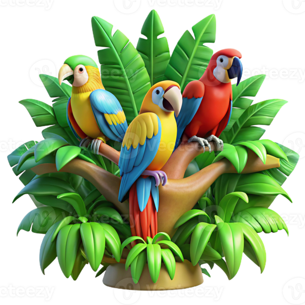 vibrant abstract A group of colorful macaws perched on a lush tropical tree, vibrant jungle colors with bokeh effect, digital art style high quality png