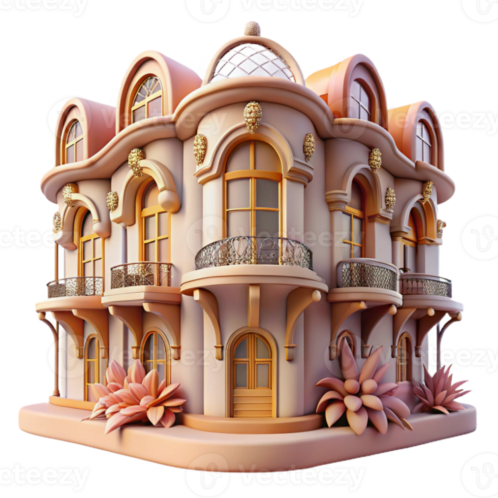 stunning artistic Art Nouveau apartment building, floral ornamentation, curved lines, soft lighting, elegant style premium png