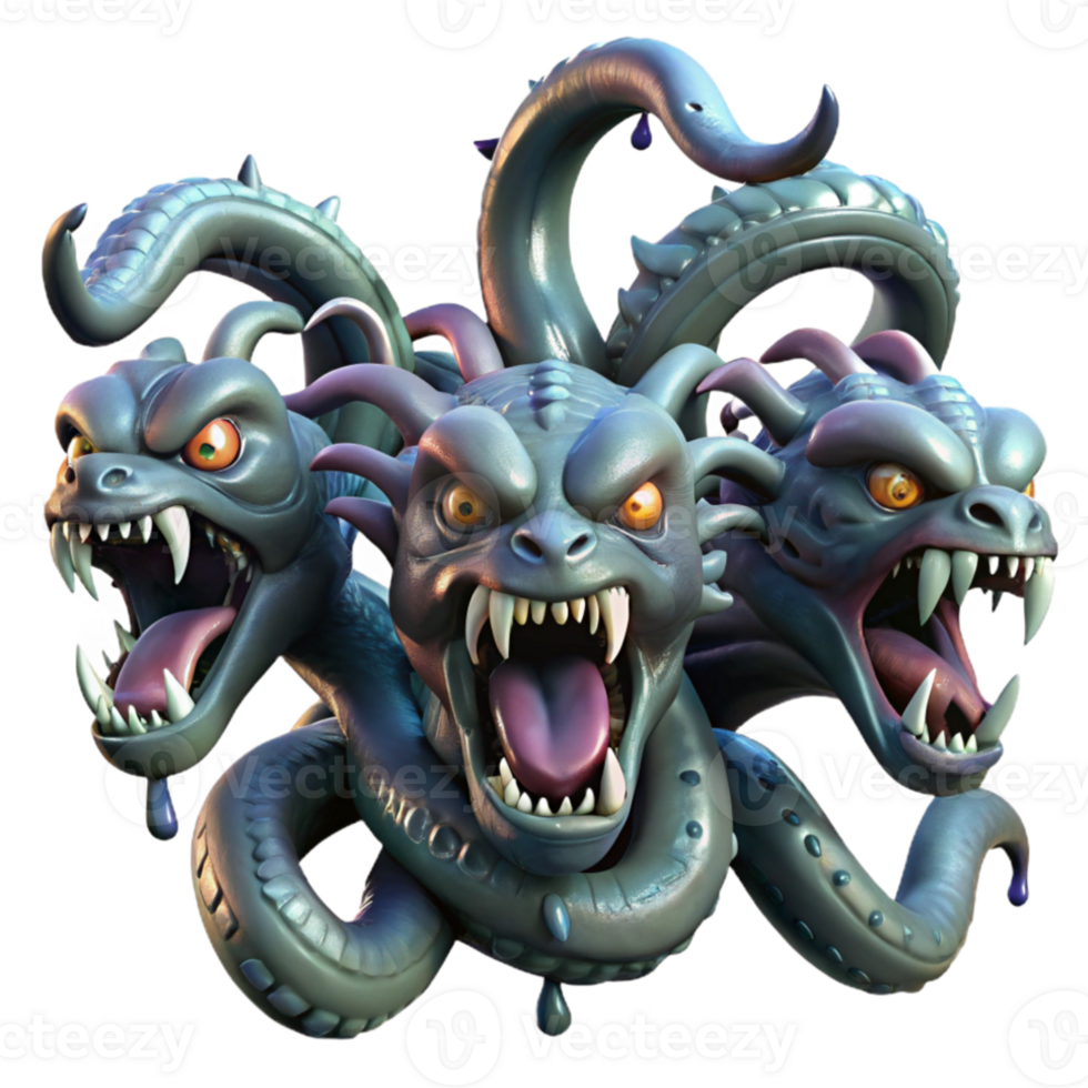 dramatic classic A terrifying Hydra with nine snarling heads, each dripping venom, scales shimmering in dim light, in a grotesque, Baroque style authentic png