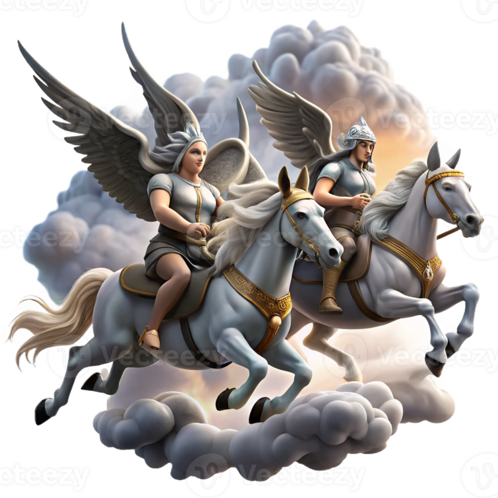 stunning rustic A group of Valkyries, riding winged horses across a stormy sky, carrying fallen warriors to Valhalla. Dramatic, stormy lighting. Norse mythology style high quality png