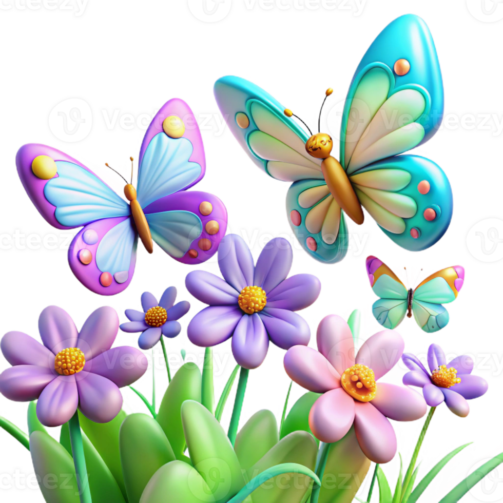 dramatic creative A group of butterflies fluttering around a field of wildflowers, rendered in a vibrant, impressionistic style with soft, diffused lighting original png