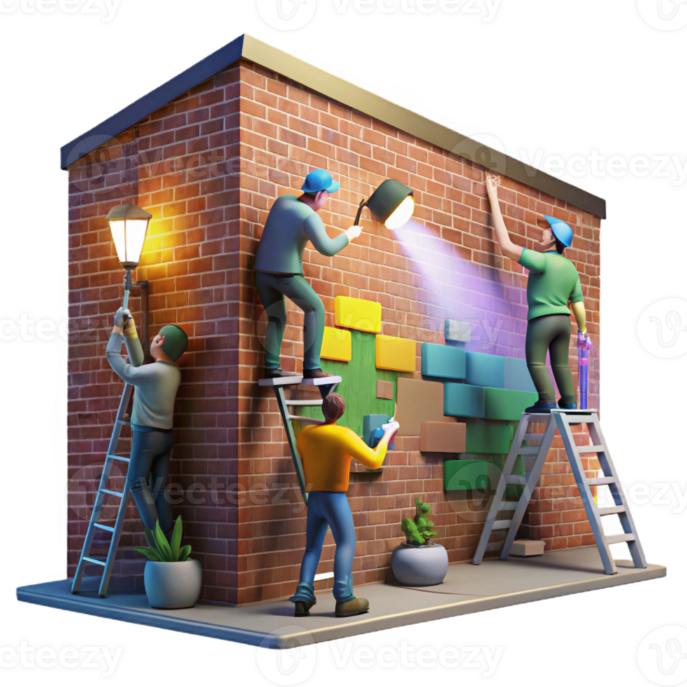 wonderful rustic A group of street artists painting a vibrant mural on the side of a brick building, illuminated by portable spotlights. Street art style, dynamic lighting authentic png