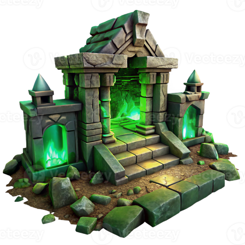 serene abstract An ancient, crumbling ruin with glowing, mystical runes carved into its walls, illuminated by an eerie, green light. Dark fantasy landscape art style 4K png