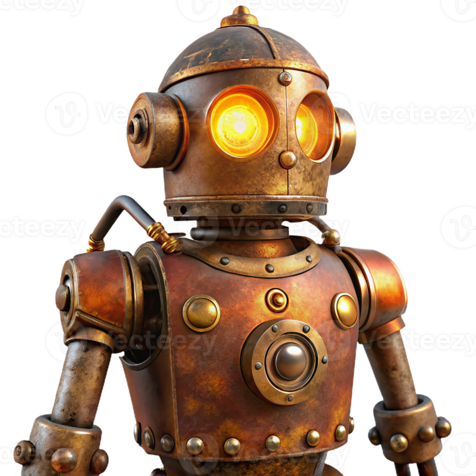 stunning rustic A rusty, steampunk robot with intricate gears and glowing amber eyes, lit by flickering candlelight in a vintage photograph style professional png