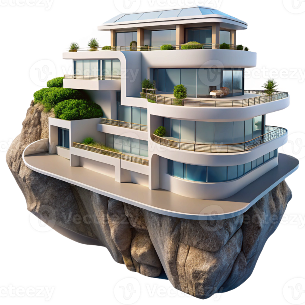extraordinary modern A futuristic apartment complex built into a cliff face, sleek design, panoramic ocean views authentic png
