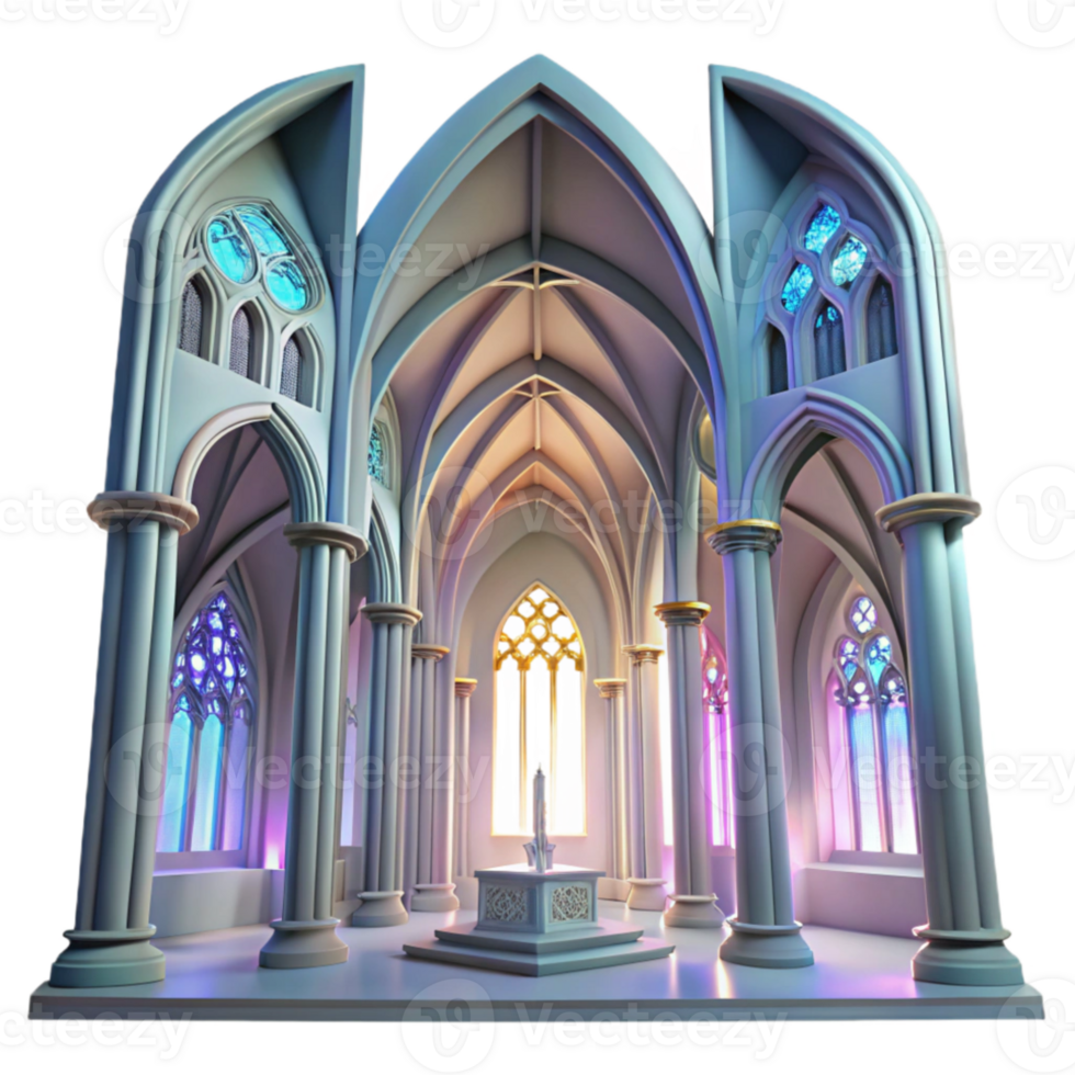 magnificent contemporary Gothic cathedral interior, stained glass windows depicting abstract shapes, volumetric lighting, ethereal atmosphere, art nouveau style authentic png
