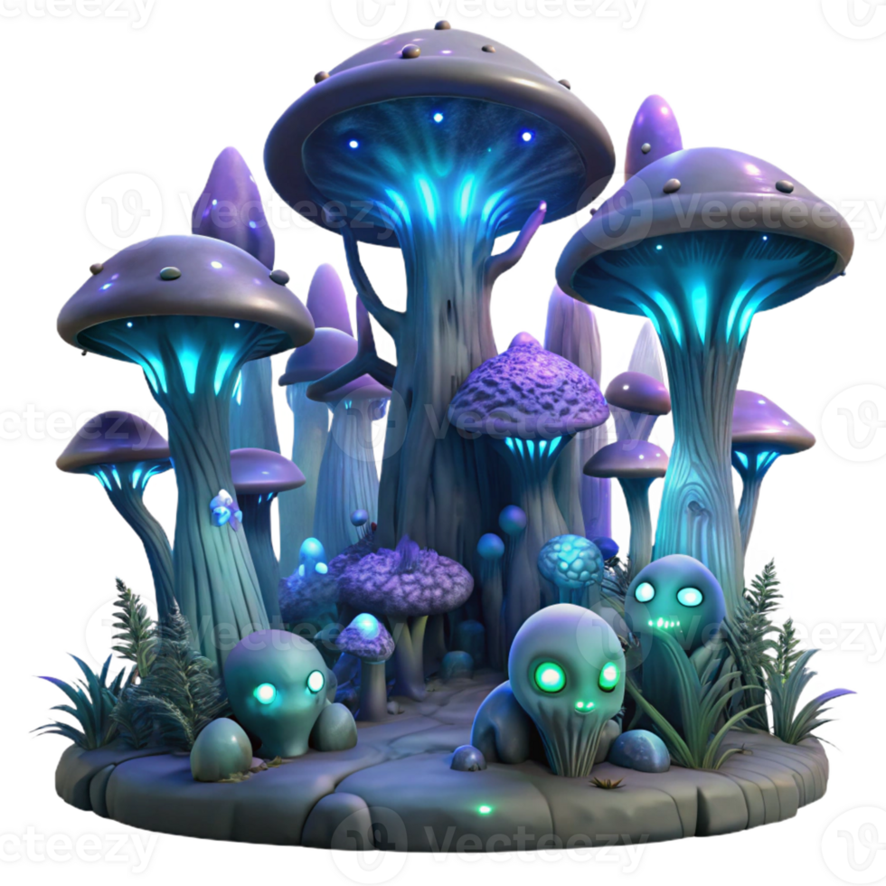 elegant creative A bioluminescent alien forest, towering fungal trees glowing with otherworldly light, strange creatures with glowing eyes peering from the shadows. Fantasy art style 4K png