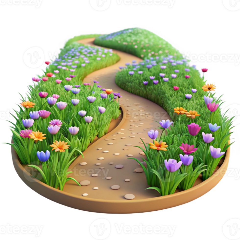 impressive creative A winding dirt road through a field of wildflowers, warm, summer light, peaceful, idyllic style detailed png