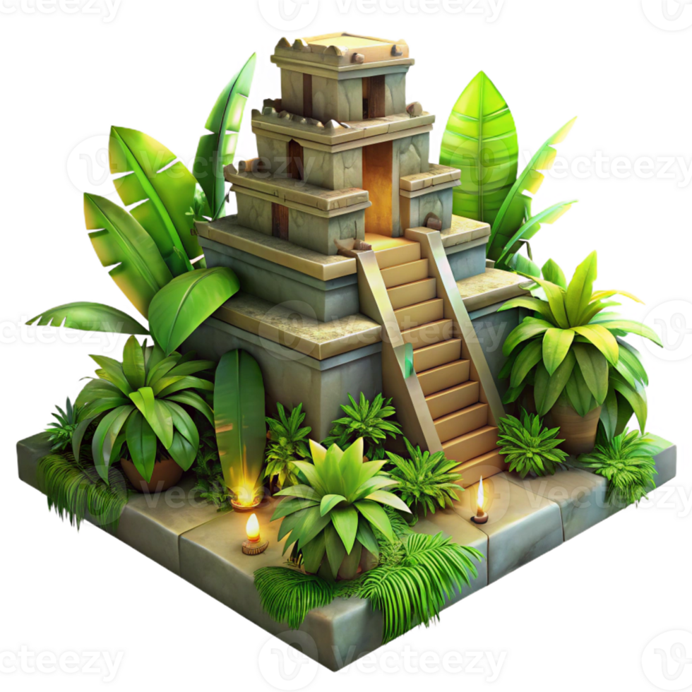 serene rustic An ancient ziggurat overgrown with jungle vegetation, mystical atmosphere, warm lighting, hyperrealistic rendering detailed png